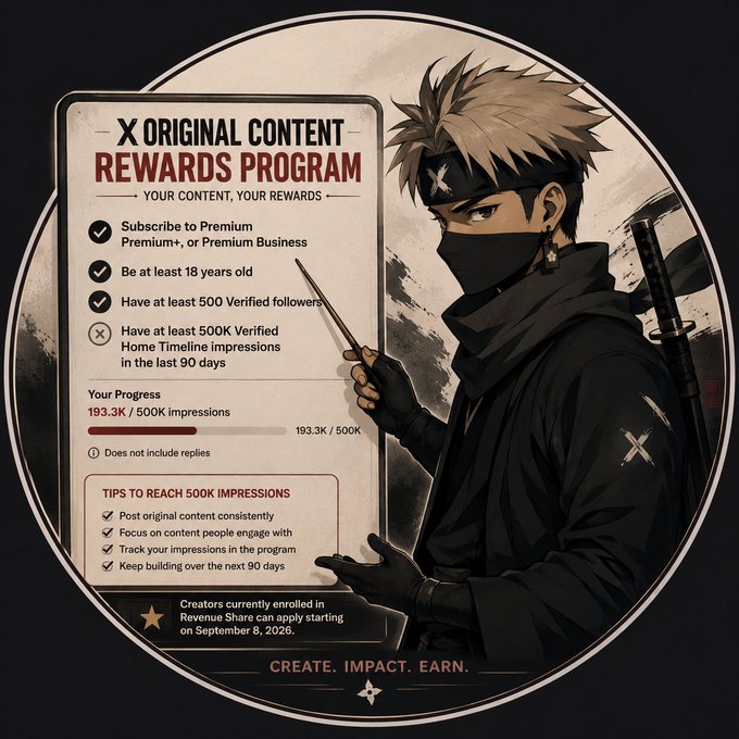 A promotional graphic for the 'X Original Content Rewards Program' features an anime character holding a card detailing requirements like subscribing to Premium and having at least 500 verified followers, with progress shown as 193.3K/500K impressions.