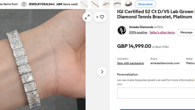 A screenshot of an eBay listing for an "IGI Certified 52 Ct D/VS Lab Grown Diamond Tennis Bracelet, Platinum" priced at GBP 14,999.00 from Amada Diamonds. The post compares this luxury $15K bracelet to Bitcoin transaction fees, mocking critics who claimed BTC fees would skyrocket to $75 per transaction while ignoring the true costs of premium goods.