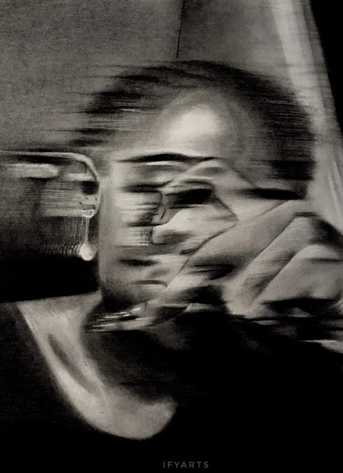 A distorted, blurry black-and-white artistic self-portrait or sketch features a person's face heavily obscured by horizontal streaks and shadow, signed 'IFYARTS' in the corner.