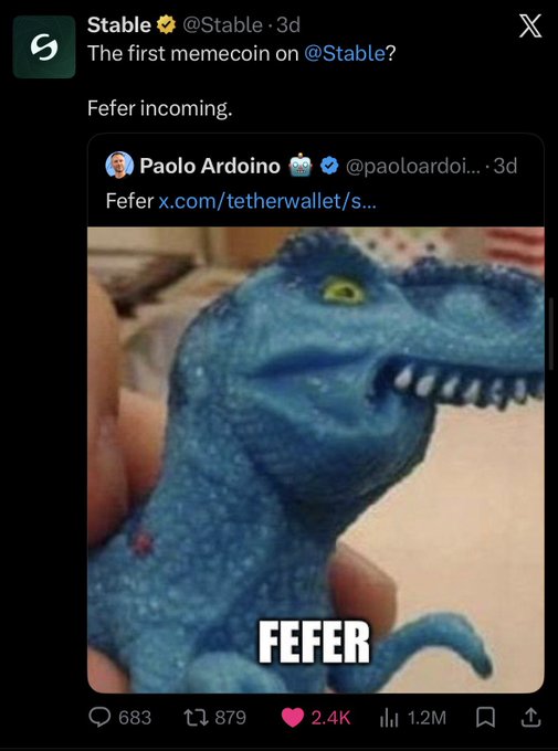 The image is a screenshot of a tweet from Stable (@Stable) announcing "The first memecoin on @Stable? Fefer incoming," featuring a quote tweet from Paolo Ardoino (@paoloardoi) about a new token called "Fefer" linked via Tether wallet. The highlight is a close-up of a blue plastic dinosaur toy with the word "FEFER" overlaid in bold text, which is part of the meme branding for the new memecoin, reinforced by the companion post's playful reference to the lisping dinosaur character.