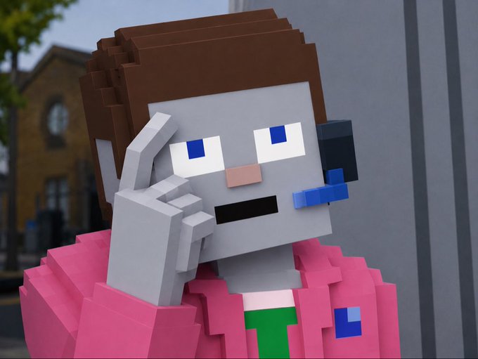 A pixelated, blocky character with brown hair and a pink hoodie holds up a peace sign while wearing a headset, with a wide-eyed, slightly unhinged expression. The chaotic, meme-like energy of the character complements the post's playful reference to "StonkBrokers" and the tongue-in-cheek "STONK-CHAIN" announcement.
