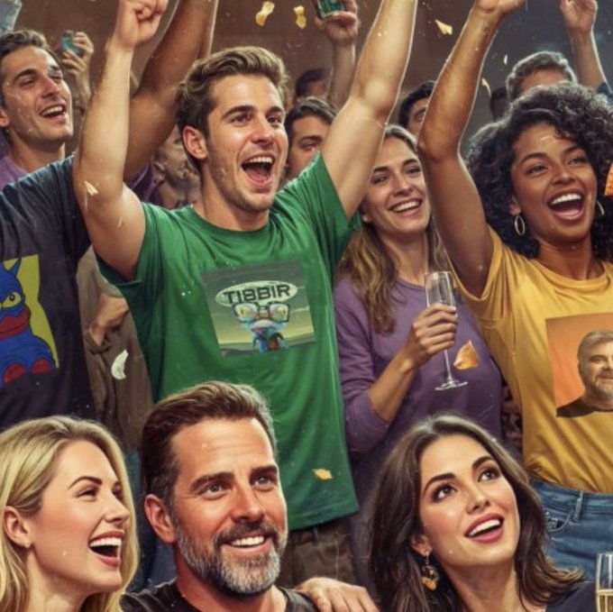 The image shows a group of people gathered together, with some of them holding up wine glasses and others raising their arms in celebration or cheering. There are at least ten people visible in the scene, including two men wearing green shirts that say "TIBBIR" on them. The crowd appears to be enjoying themselves, possibly attending an event or a party where they have raised their glasses for a toast.