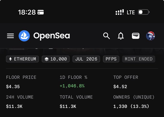 OpenSea mobile app screenshot showing an NFT collection on Ethereum with 10,000 items, a floor price of $4.35 (+1,046.8% in 1D), and 1,330 unique owners.