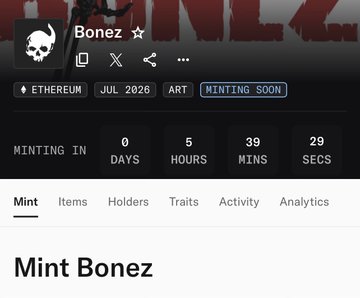 Screenshot of an NFT minting page for 'Bonez' on Ethereum, scheduled for July 2026, showing a countdown of 0 days, 5 hours, 39 minutes, 29 seconds.
