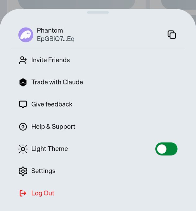 A mobile app settings menu is displayed for user 'Phantom' with options including Invite Friends, Trade with Claude, Give feedback, Help & Support, Light Theme toggle, Settings, and Log Out.