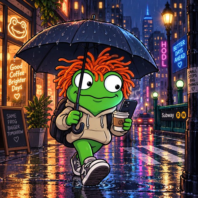 A cartoon illustration of a green frog character with orange hair, wearing a hoodie, walking in the rain while holding a black umbrella, a phone, and a coffee cup in a neon-lit city street.