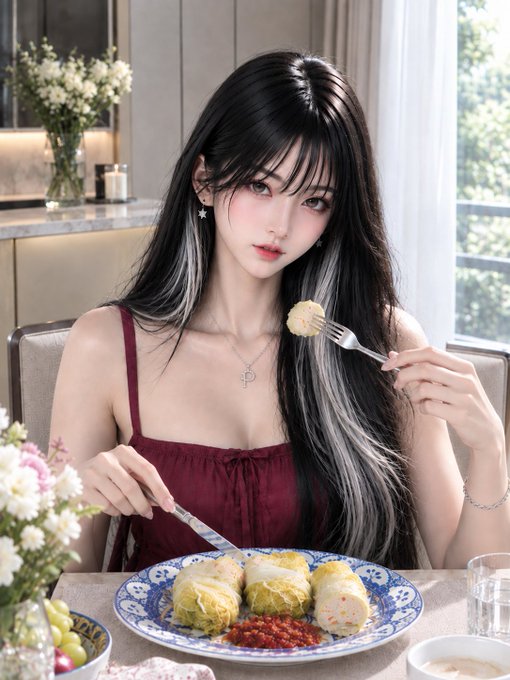 A digital anime-style illustration of a young woman with long black hair wearing a red top, seated at a dining table and holding a fork with food over a plate of food.