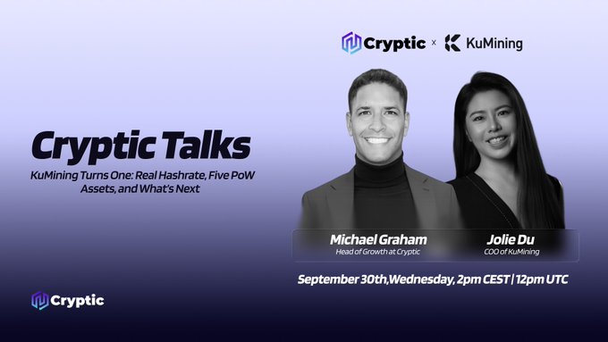 A promotional banner for a "Cryptic Talks" X Space event features black-and-white headshots of Michael Graham (Head of Growth at Cryptic) and Jolie Du (COO of KuMining), advertising a September 30th (2pm CEST / 12pm UTC) discussion titled "KuMining Turns One: Real Hashrate, Five PoW Assets, and What's Next" to celebrate the platform's one-year anniversary.