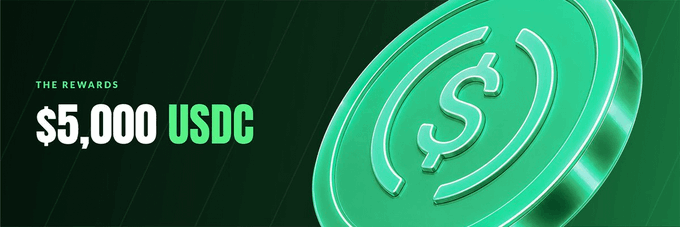 A promotional banner with a green 3D coin displaying a dollar sign, advertising 'THE REWARDS' of '$5,000 USDC' against a dark green gradient background.