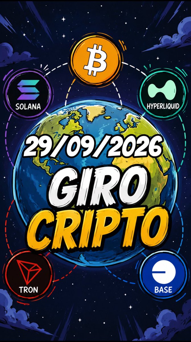 A colorful promotional graphic for a 'GIRO CRIPTO' dated 29/09/2026 features cryptocurrency logos including Bitcoin, Solana, Hyperliquid, Tron, and Base surrounding an illustrated Earth.