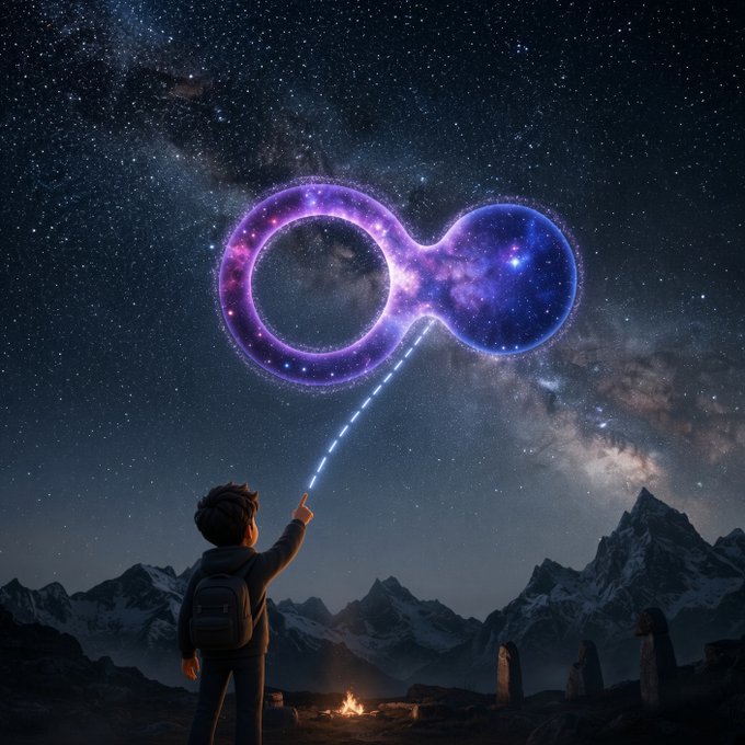 A young explorer with a backpack points skyward at a glowing purple and blue infinity symbol formed from stardust, which trails a luminous beam down to his finger against a backdrop of the Milky Way and snow-capped mountains. The infinity symbol and the upward gesture of uncertainty becoming boundless possibility visually echo the post's theme of prediction markets giving uncertainty an open-ended, ever-shifting form of expression.