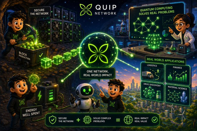 A vibrant promotional graphic for "QUIP NETWORK" showcases the platform's tagline "ONE NETWORK, REAL WORLD IMPACT" at its center, surrounded by illustrated characters managing block production, energy, and network security, alongside a scientist demonstrating quantum computing solving real problems with applications in logistics, finance, drug discovery, and material science. The image visually reinforces the post's message by depicting how QUIP Network combines blockchain security with practical quantum computing solutions to address real-world challenges across multiple industries.
