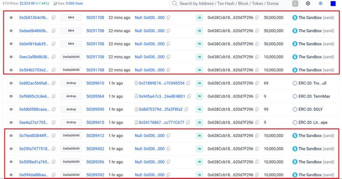 A screenshot of an Ethereum blockchain explorer showing transactions with addresses, highlighting multiple transfers of 'The Sandbox (sand)' ERC-20 tokens in amounts of 50,000,000 and 10,000,000.