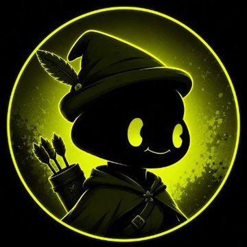 A silhouetted chibi archer character with glowing eyes, a feathered cap, and a quiver of arrows stands against a neon yellow circular backdrop. The image serves as a stylized profile/avatar aesthetic that complements the curated list of NFT art accounts, functioning as a visual emblem for the creator's Robinhood and Ethereum-based watchlist.