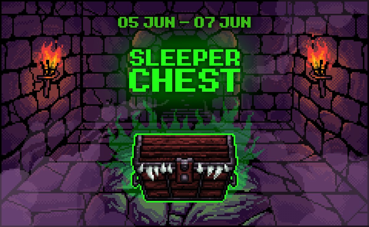 The image features a treasure chest with a dragon head, surrounded by a purple stone wall. A banner above the chest displays the text "SLEEPER CHEST" and "05 JUN - 07 JUN", indicating that there are three rewards available for those who find the chest. The post also mentions that the rewards include up to 70,000 Gh/s (gigabytes per second) and 100,000 DOGE (decentralized organic currency).