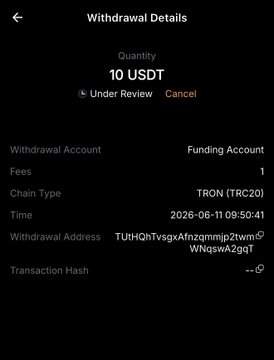 The image shows an app screen with a black background displaying information about a transaction. The text indicates that the user has received 10 USDT (United States Dollar) as payment for their cryptocurrency trading, which was sent via Bitcoin Cash. There are also details about the transaction hash and the funds raised by the user.