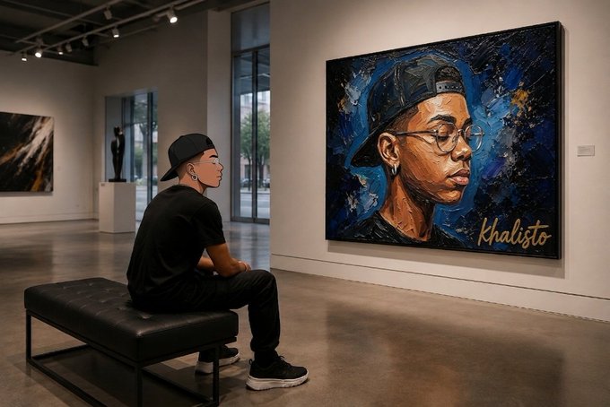 The image shows a young man sitting on a bench inside an art gallery or museum, looking at a large painting of a person's face. The painting depicts a person wearing glasses and a baseball cap with the name "Khalisto" written in gold letters above their head. The man is dressed casually in a black shirt and pants. The setting appears to be indoors, possibly an art gallery or museum, as there are multiple paintings on display throughout the space.