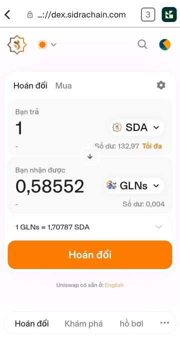 A mobile browser view of dex.sidrachain.com shows a token swap interface exchanging 1 SDA for 0.58552 GLNs on a Uniswap-based DEX.