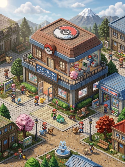 An isometric pixel art illustration of a Pokémon Center and Poké Mart in a town, featuring trainers, Pikachu, and other Pokémon gathering outside, with a mountain in the background.