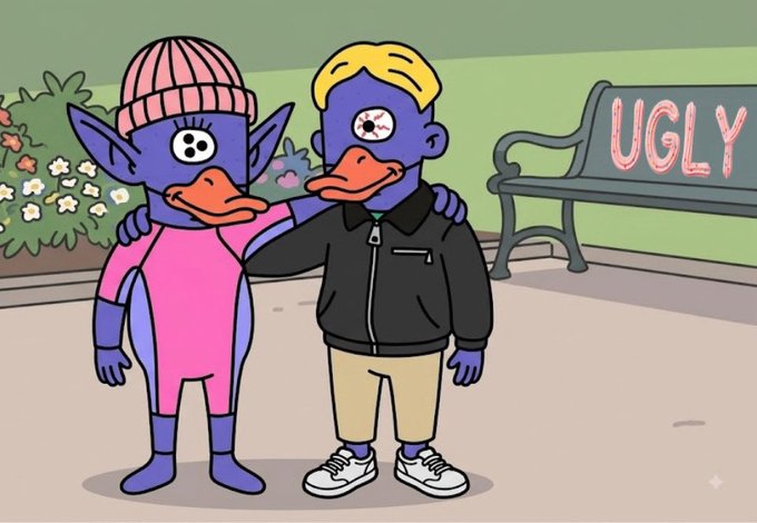 A cartoon illustration shows two purple-skinned duck-like characters, one wearing a pink beanie and the other a blonde wig, embracing in front of a park bench labeled 'UGLY'.