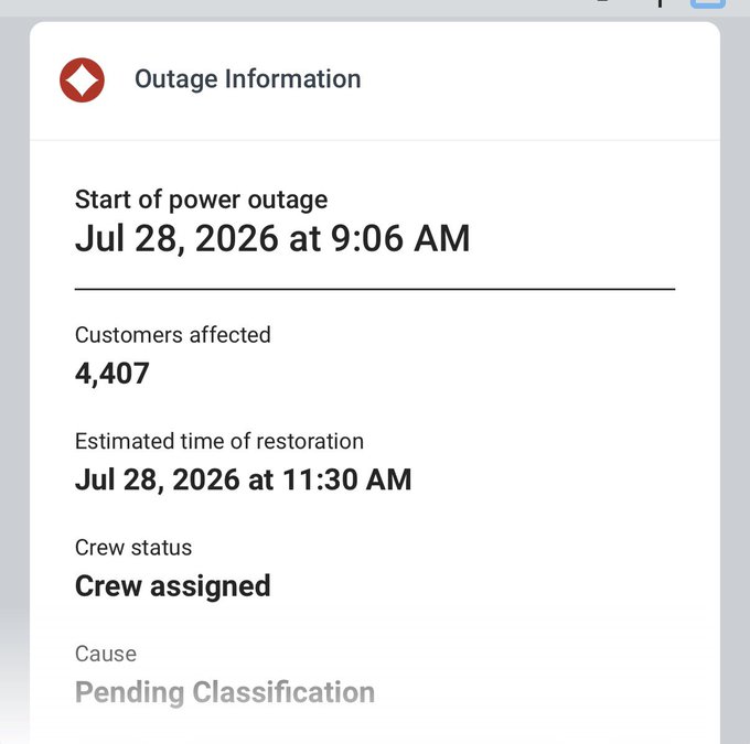 An Outage Information panel showing a power outage starting Jul 28, 2026 at 9:06 AM, affecting 4,407 customers, with an estimated restoration time of 11:30 AM, crew assigned, and cause pending classification.
