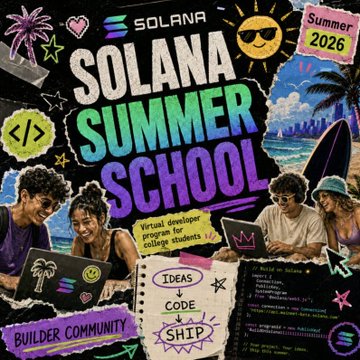 A vibrant promotional poster for "Solana Summer School Summer 2026" features the text "Virtual developer program for college students" and "Builder Community," alongside icons labeled "IDEAS," "CODE," and "SHIP." The energetic design with diverse students, beach themes, and code snippets reflects the post's announcement of working on a privacy-preserving compliance layer capstone project using ZKPassport and zero-knowledge proofs during the program.