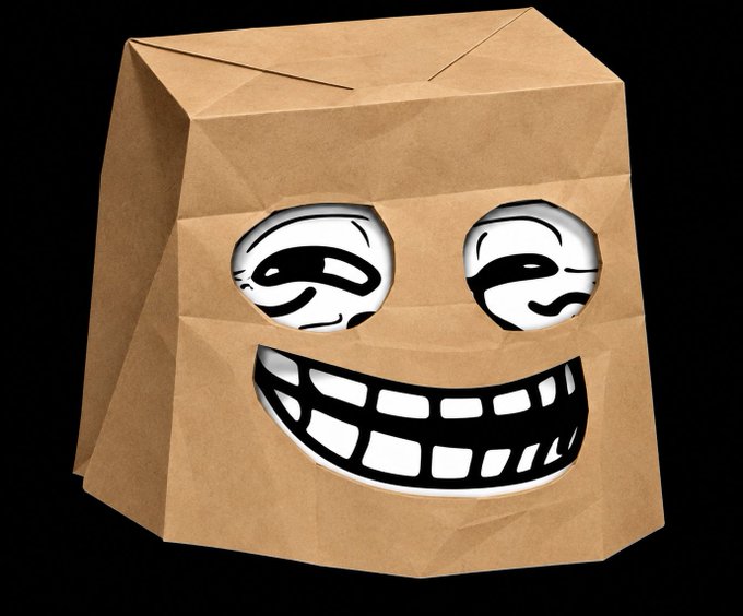 A brown paper bag mascot features drawn-on cartoon eyes and a wide toothy grin set against a solid black background.