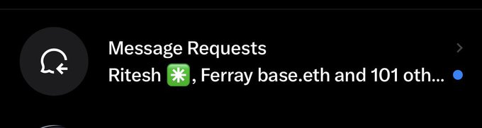 A screenshot of a Facebook Messenger notification showing "Message Requests" from "Ritesh" and "Farray base.eth" along with 101 others, indicating an influx of collaboration requests related to the creators' announcement about closing collabs and distributing allocations.