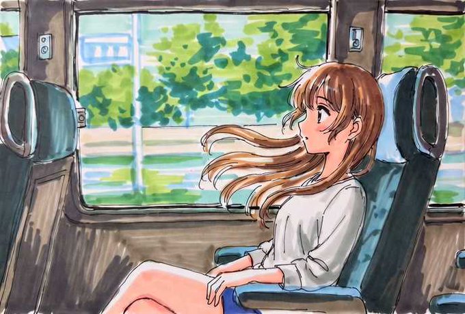 An anime-style watercolor illustration of a young woman with long brown hair sitting by a train window, gazing out at green scenery passing by, with her hair blowing in the breeze.