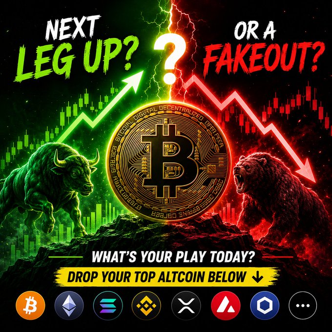 Cryptocurrency graphic featuring a Bitcoin coin between a green bull and red bear, with text "NEXT LEG UP? OR A FAKEOUT? WHAT'S YOUR PLAY TODAY? DROP YOUR TOP ALTCOIN BELOW" and logos for Bitcoin, Ethereum, Solana, Binance, XRP, and others.