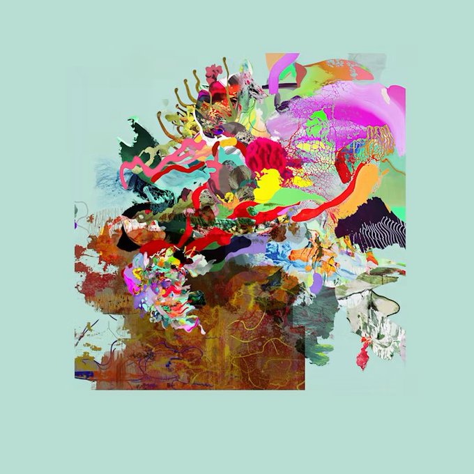 The image features a large, colorful abstract painting with various shapes and colors that appear to be floating or swirling around each other. The artwork has been edited into a collage of different images, creating an intriguing visual effect. The background color of the image is blue, which contrasts with the vibrant colors used in the painting. The post also mentions that there are three days left for the auction and that it's worth 0.08 eth.