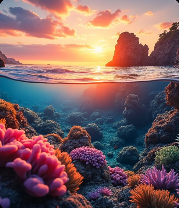 A split-level digital illustration showing a sunset over ocean waves above and a colorful coral reef teeming with pink, orange, and purple marine life below.