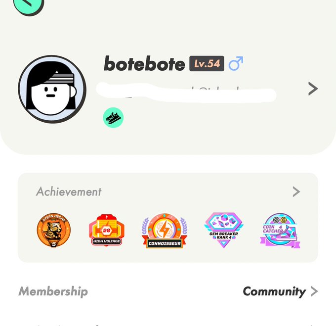 A user profile screen for "botebote" Lv.54 displays achievement badges including Storm Trooper, Hero Voltage, Connoisseur, Gem Breaker Rank 4, and Coin Catcher.