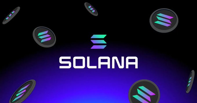 A promotional graphic for a Solana ($SOL) giveaway featuring the Solana logo surrounded by floating Solana coin tokens against a dark purple gradient background, with the bold white "SOLANA" wordmark displayed prominently in the center. The image directly supports the giveaway post by visually branding the $SOL prize being offered to participants.