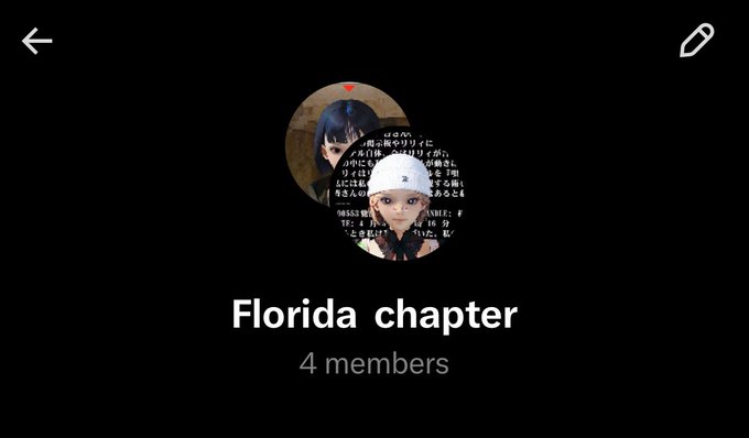 A group chat profile titled 'Florida chapter' with 4 members, featuring an anime-style profile picture with Japanese text in the background.