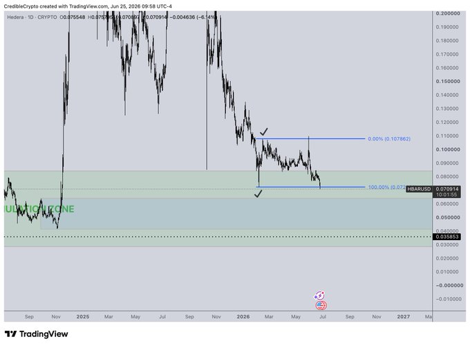 A TradingView cryptocurrency chart titled 'CredibleCrypto' displays HBAR/USD price analysis on Hedera 1D timeframe, dated Jun 25, 2026, showing technical analysis markings near 0.070000-0.110000 price levels.
