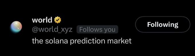 A screenshot of a Twitter/X profile for "world" (@world_xyz) with a gold verification checkmark, showing a "Following" button and the bio "the solana prediction market." The accompanying post suggests that being followed by @world_xyz could indicate eligibility for a $319 million Solana airdrop, with claims of roughly $80k per person, directly referencing this very profile as evidence.