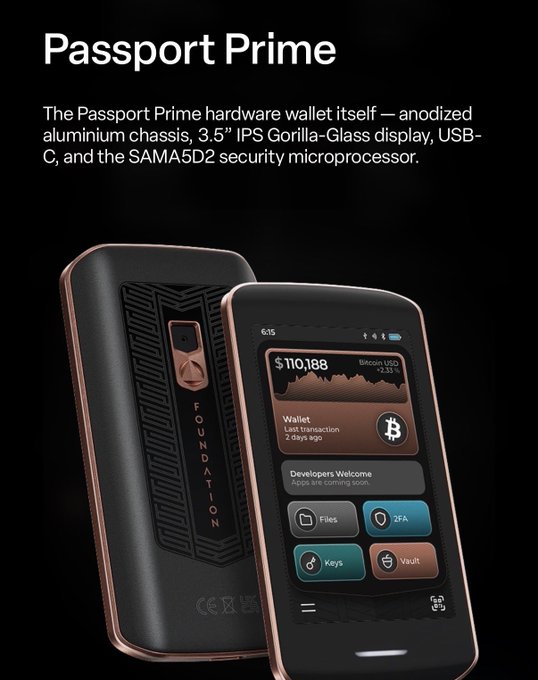 An advertisement for 'Passport Prime' hardware wallet by Foundation, showing a black device with rose gold trim displaying Bitcoin price '$110188', a Bitcoin icon, and buttons for 'Files', '2FA', 'Keys', and 'Vault'.