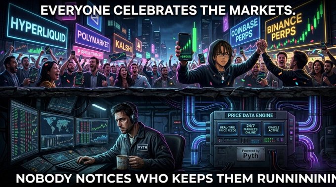 The image features a poster with two scenes depicting people celebrating the markets, one scene showing a man holding up a cell phone while another person holds a sign that says "Everyone celebrates the markets." The second scene shows a group of people gathered around a computer monitor displaying stock market data and a banner reading "Crypto users Hyperliquid is amazing. Polymarket is printing. 24/7 markets are the future."