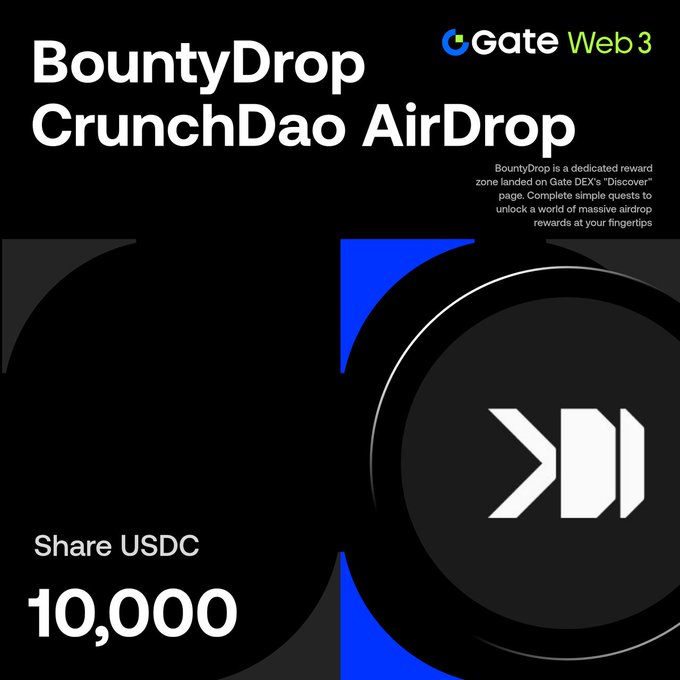 A promotional graphic displays "Gate Web 3" logo with the text "BountyDrop CrunchDao AirDrop" and "Share USDC 10,000" against a dark background with blue geometric shapes.