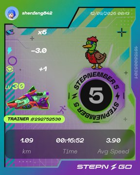 A STEPN GO fitness tracking screenshot showing trainer "shenfeng842" completing a 1.09 km run in 00:16:52 with an average speed of 3.90, featuring a StepNemeber 5 anniversary badge and a green sneaker NFT. The image celebrates the Week 2 completion of a 5-day streak challenge during #STEPNEMBER5, highlighting the 5th-anniversary theme and the trainer's achievement.