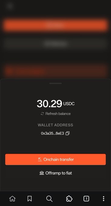 A mobile app screen displaying a USDC wallet balance of 30.29 with options for "Onchain transfer" and "Offramp to fiat".