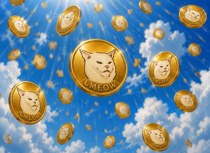 Multiple gold coins featuring a cat face design and the word 'LMEOW' floating against a blue sky with white clouds and sun rays, referencing the LMEOW meme cryptocurrency.