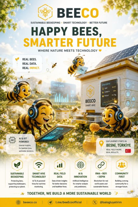 A promotional poster for 'BEECO' advertises 'HAPPY BEES, SMARTER FUTURE' and 'WHERE NATURE MEETS TECHNOLOGY,' showcasing cartoon bees with tech accessories and listing features like 'SUSTAINABLE BEEKEEPING,' 'SMART HIVE TECHNOLOGY,' and 'REAL FIELD DATA' in Beesni, Türkiye.