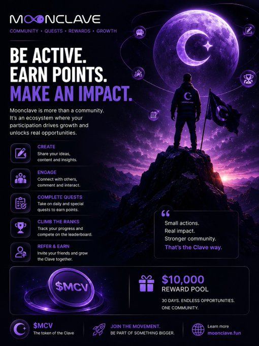 A promotional poster for 'MOONCLAVE' with the tagline 'BE ACTIVE. EARN POINTS. MAKE AN AN IMPACT.' featuring a silhouetted figure on a mountain with a moon in the background, and a $10,000 reward pool mentioned with the $MCV token.