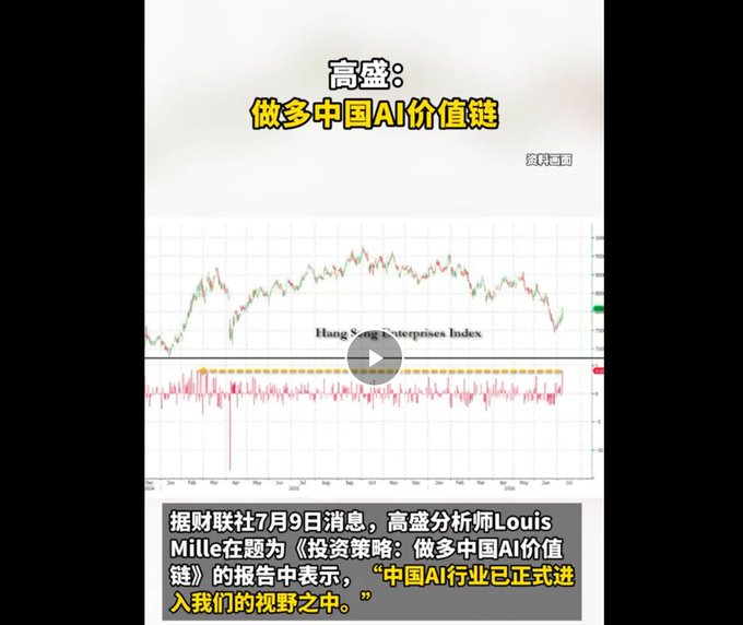 Goldman Sachs video screenshot with Chinese text about going long the China AI value chain, showing the Hang Seng Enterprises Index chart and quoting analyst Louis Misere.