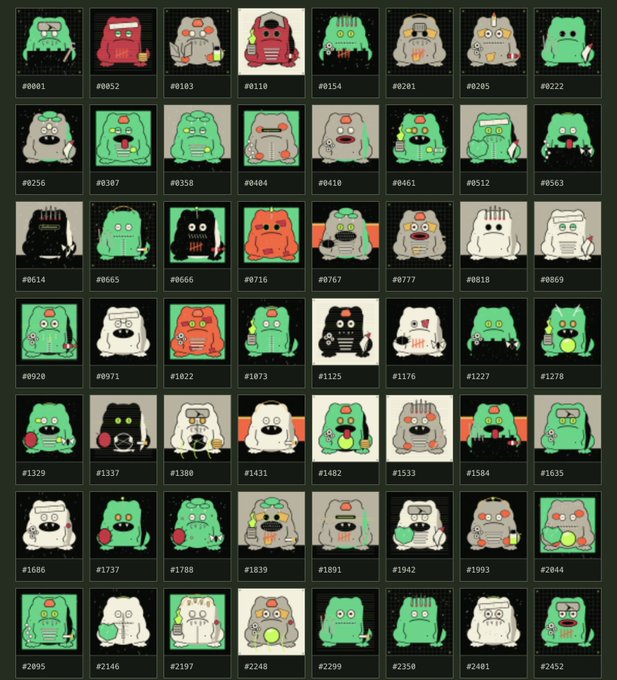 A grid display of pixel-art character NFTs labeled with numbers like #0001, #0052, #0103, etc., showing various green, grey, and white robot-like creatures.