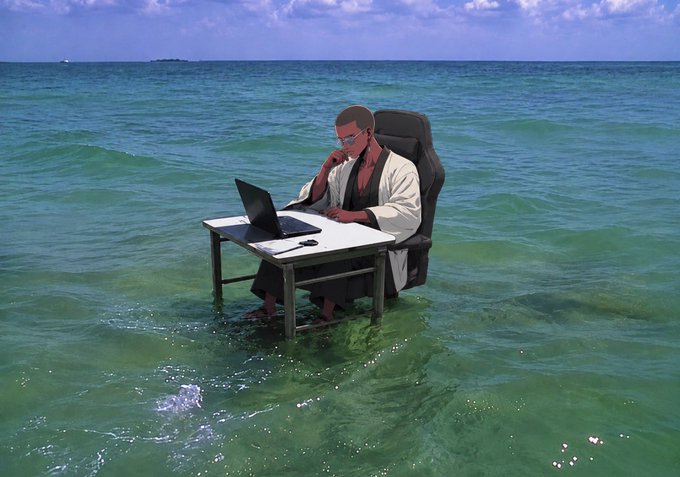 A man sits at a desk submerged in the ocean, calmly working on a laptop while on a phone call. The surreal image humorously captures the overwhelming and isolating experience of hunting for EVM addresses for an exhausting 60 minutes, as if one needs to retreat into the sea to focus.