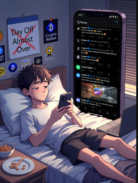 An anime-style illustration depicts a tired-looking young man with spiky hair lying in bed holding a smartphone, with a giant smartphone displaying a 'Crypto' Twitter feed hovering next to him, alongside a laptop, a plate of fries, and posters reading 'Day Off Almost Over' and 'Crypto Wallet'.