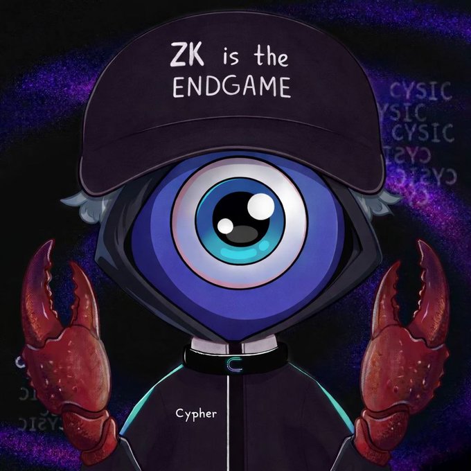The image shows a cartoon character with a large blue eye, crab claws, and a cap reading "ZK is the ENDGAME," with "Cypher" written on its chest. It appears to be a branded mascot illustration supporting a post about @cysic_xyz, tying the "ZK" (zero-knowledge) and "Cypher" themes to the project's identity and upcoming Q3 momentum.